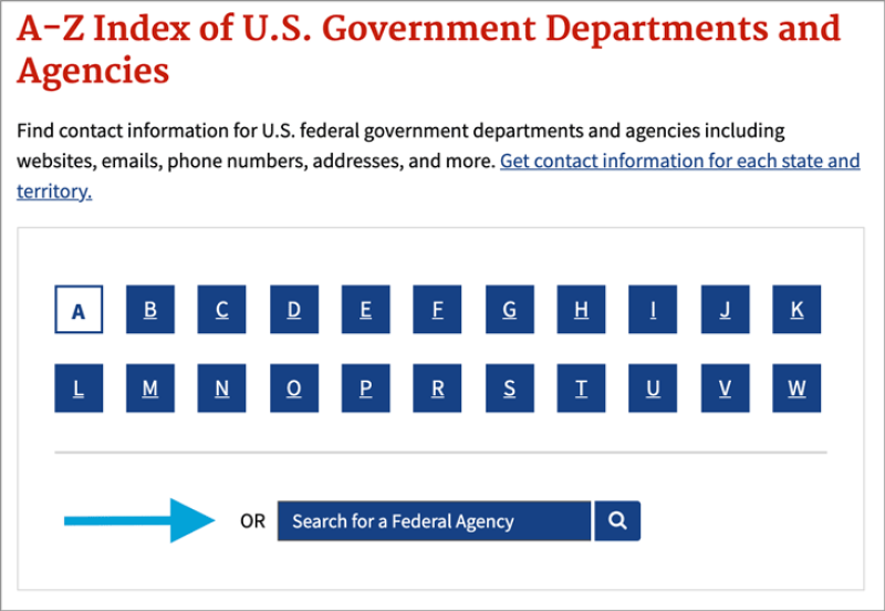 Image of an "A-Z Index of U.S. Government Departments and Agencies" page, featuring an alphabetical index from A to W, a search bar for federal agencies, and text about finding contact information.