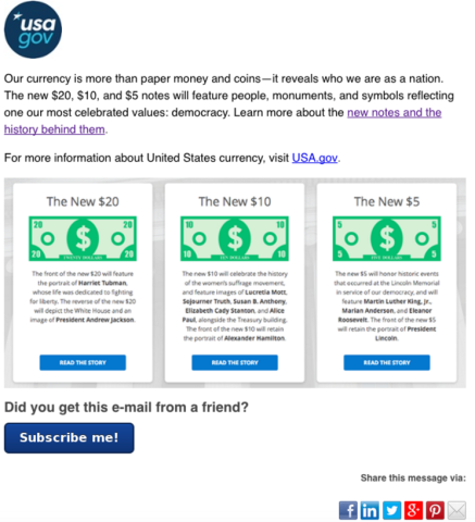 A USA.gov email announcement about new $20, $10, and $5 notes featuring people, monuments, and symbols of democracy. The $20 will show Harriet Tubman, the $10 will honor the women's suffrage movement with Alexander Hamilton, and the $5 will feature Lincoln Memorial and Martin Luther King Jr. Links to read more stories and subscribe are included.