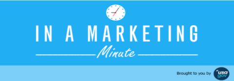 A blue banner with "IN A MARKETING Minute" text and a clock icon, credited to USA.gov.